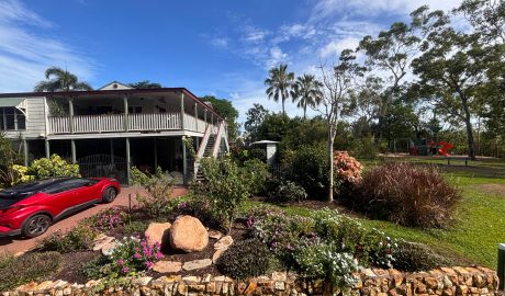Garden bed with tropical plants, rock edging, and birdbath feature after complete maintenance and mulching in Darwin.